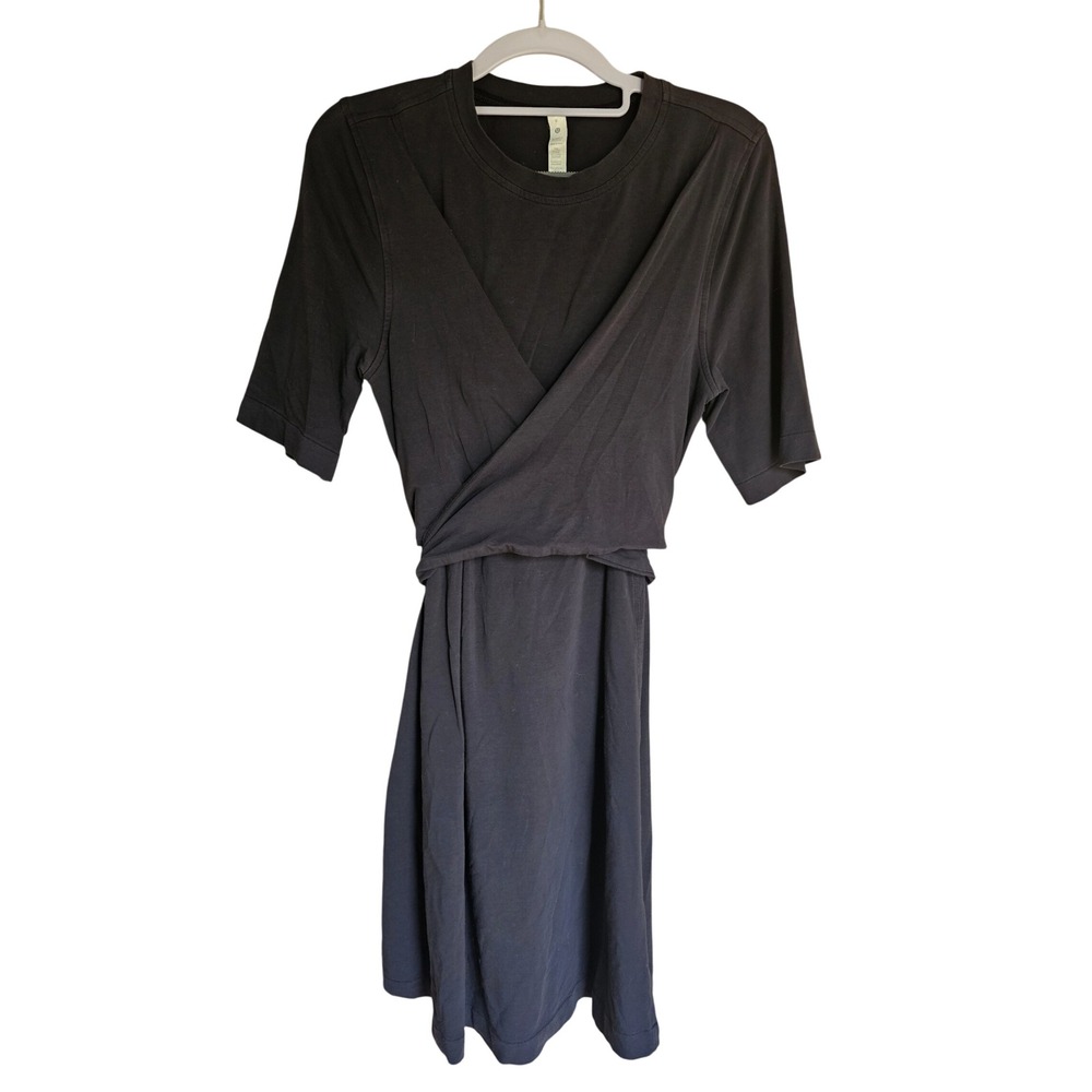 Lululemon Cotton Wrap-Front T-Shirt Dress Women 8 Black Pima Lycra LW1ECCS Mini‎